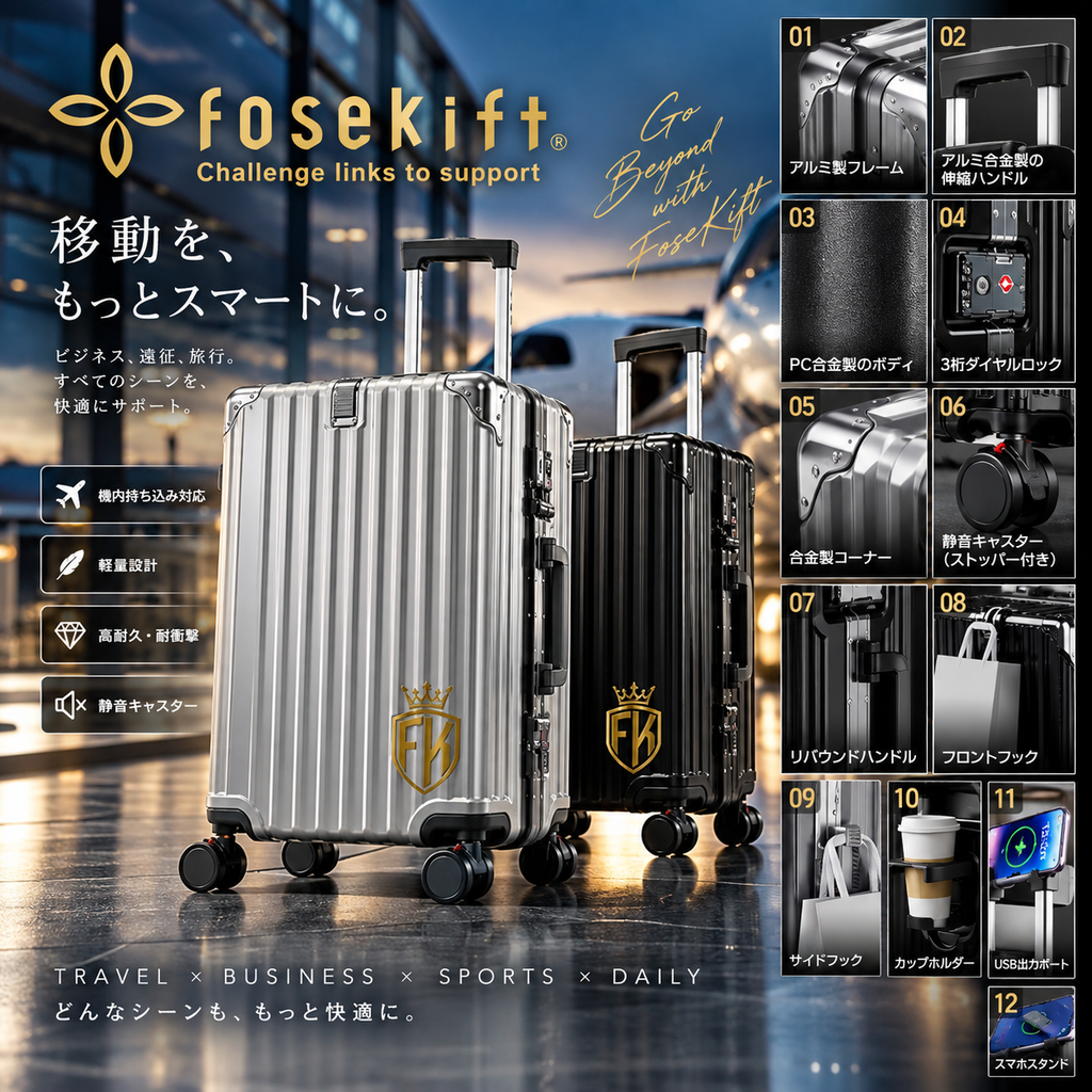 【FoseKift】スーツケース｜機内持ち込み対応｜Silver / Black｜軽量・スタイリッシュ
