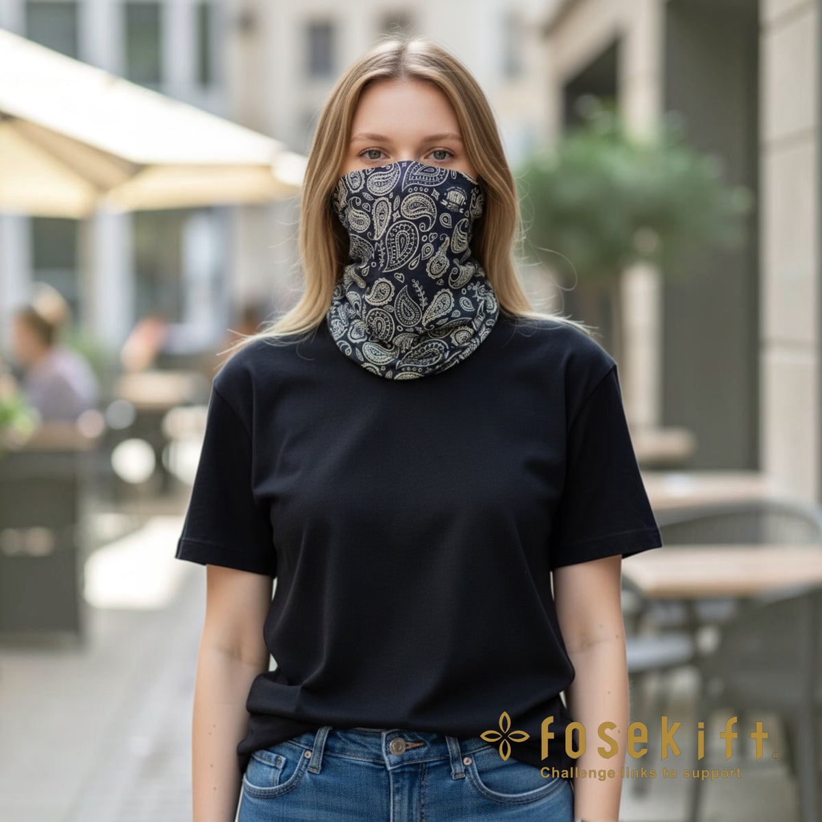 【FoseKift】ペイズリー柄ネックウォーマー｜Navy / Beige
