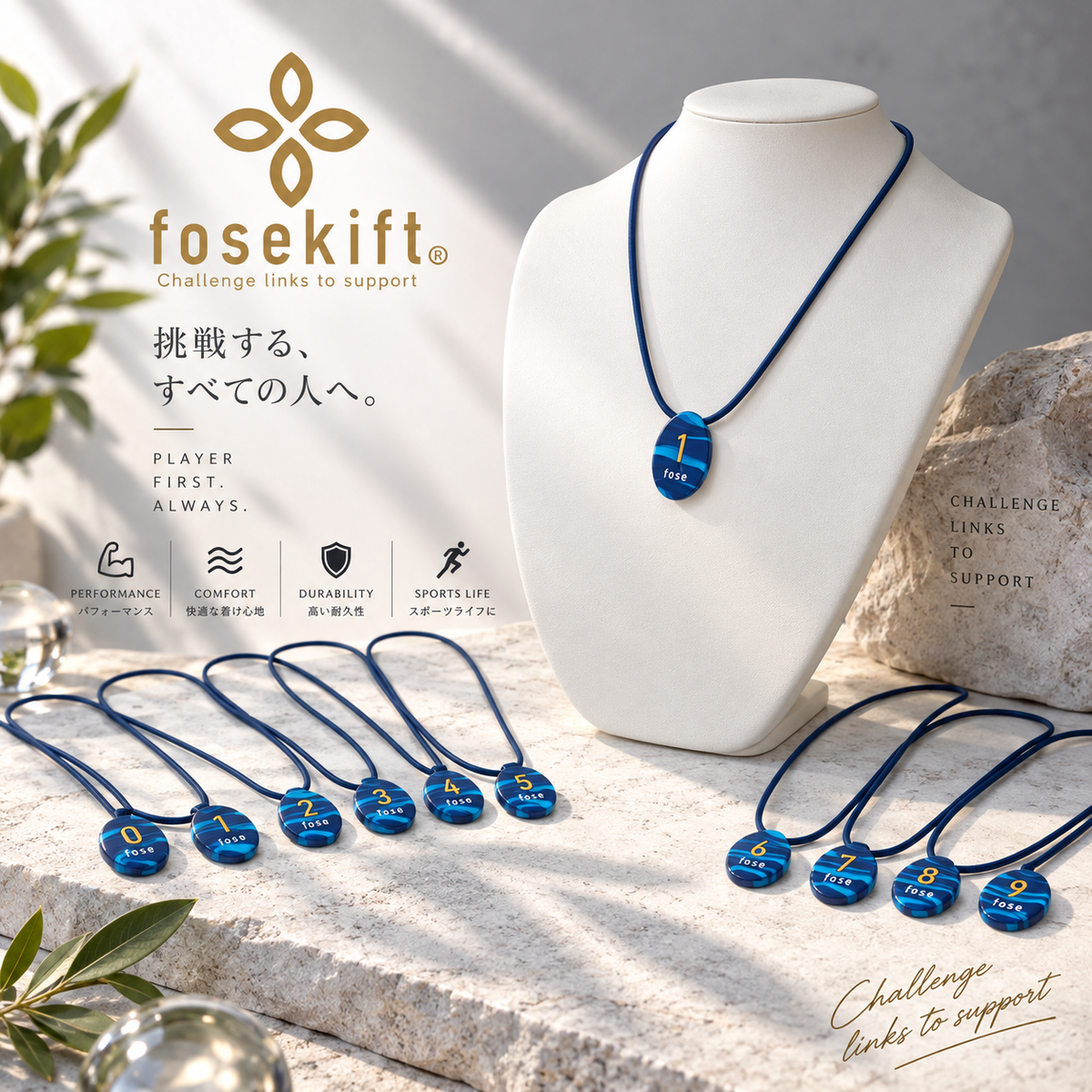 【FoseKift】ネックレス｜丸型ナンバーネックレス｜Blue×Gold