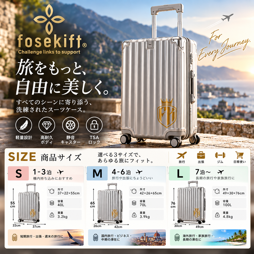 【FoseKift】スーツケース｜機内持ち込み対応｜Silver / Black｜軽量・スタイリッシュ