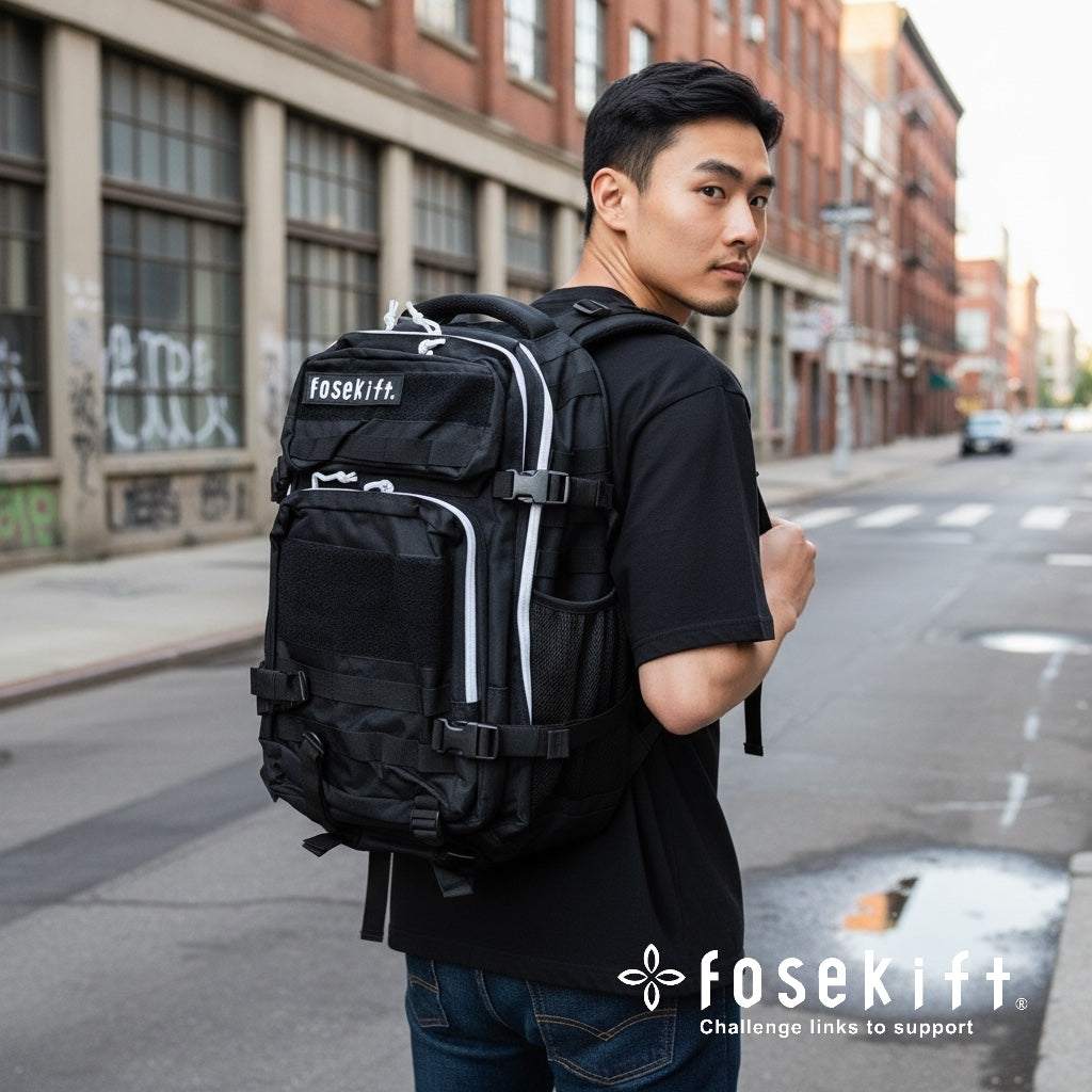 【FoseKift】リュック｜ブラック × ホワイト｜FKロゴ スポーツバックパック
