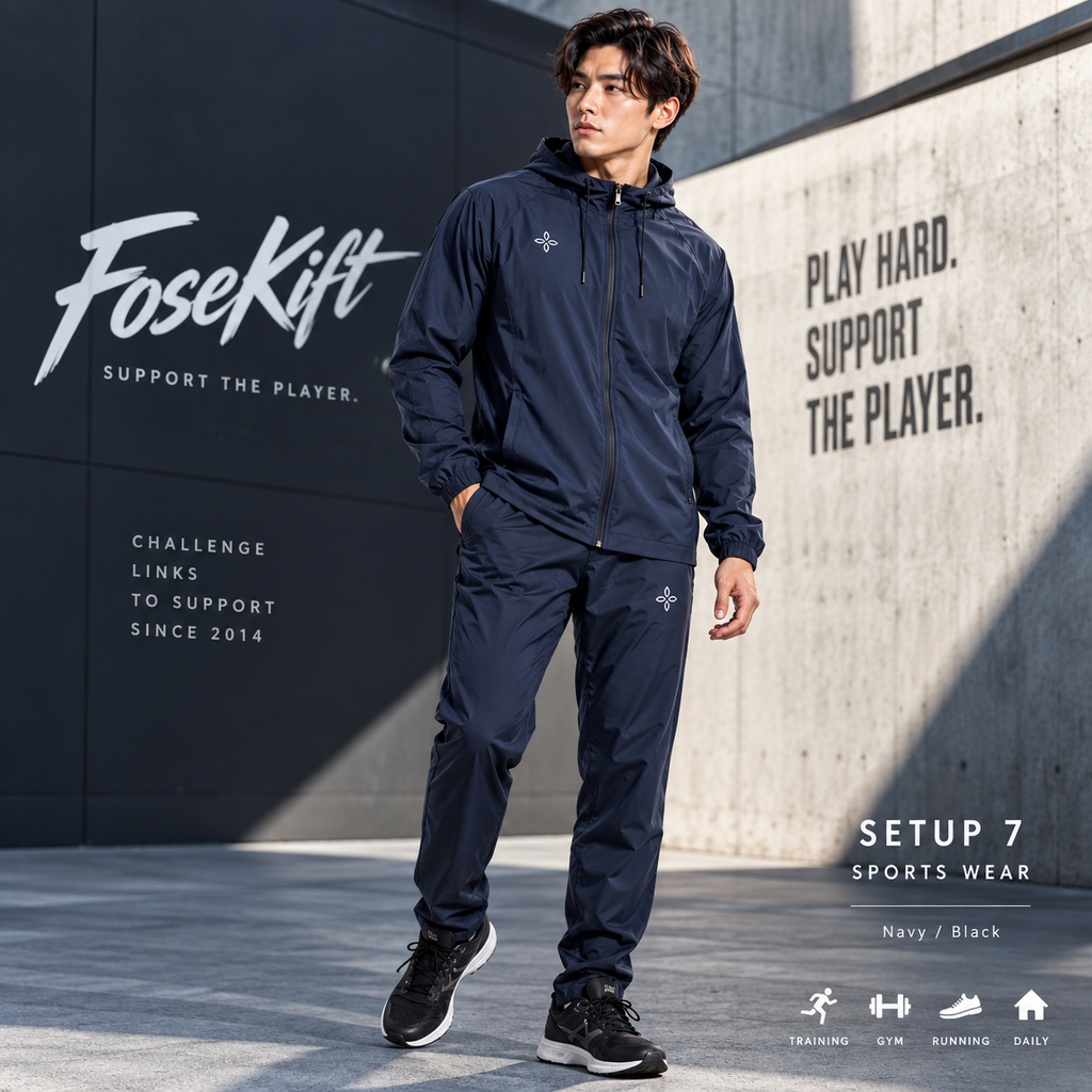 【FoseKift】スポーツウェア Setup 7｜シャカシャカ上下セット｜Navy / Black
