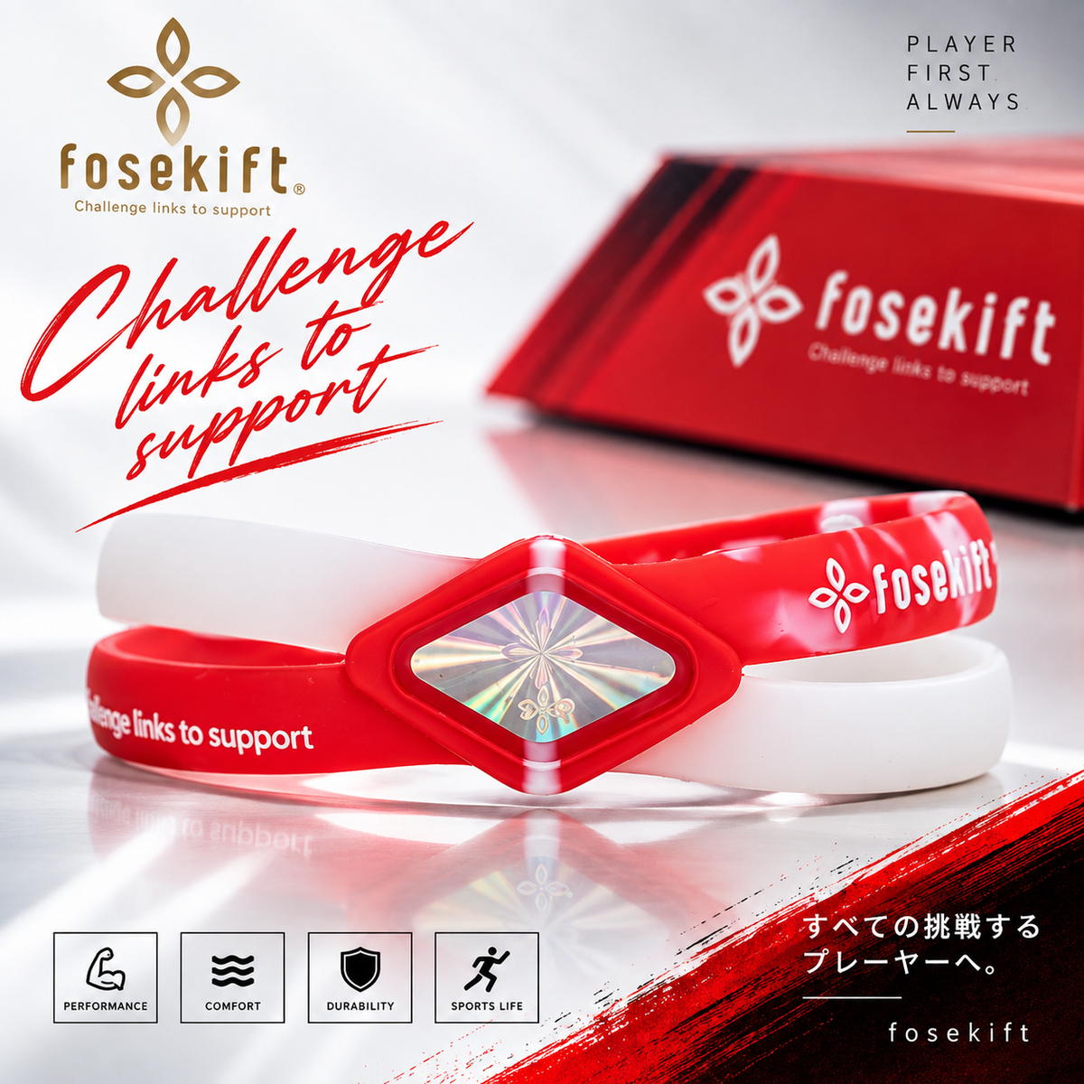 【FoseKift】シリコンブレス｜Red×White Skeleton